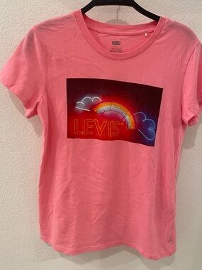 Levi's Pink Tee with Neon Rainbow Graphic